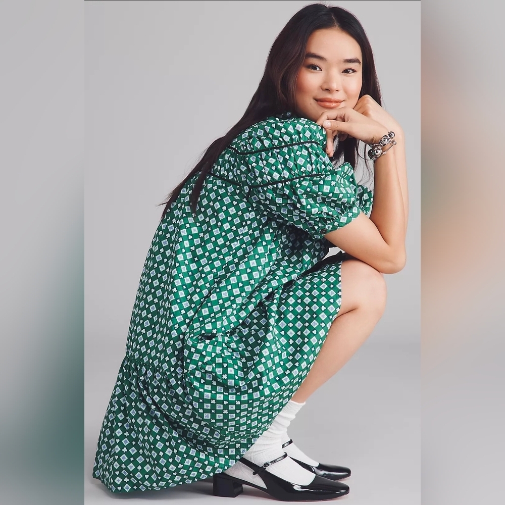 Anthropologie Maeve Leandra Shirred Yoke Mini Dress Green Clubs Spades Motif - Picture 3 of 8